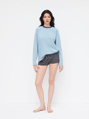 Round Neckline Stripe Long Sleeve Top & Low Rise Patchy Shorts Loungewear Set