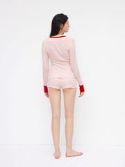 V-neck Stripe Contrasting Binding Long Sleeve Top & Mid Rise Shorts Loungewear Set