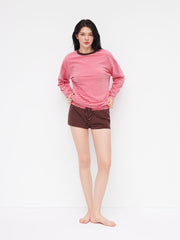 Round Neckline Stripe Long Sleeve Top & Low Rise Patchy Shorts Loungewear Set