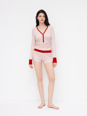V-neck Stripe Contrasting Binding Long Sleeve Top & Mid Rise Shorts Loungewear Set