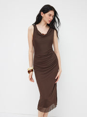 Mesh Cowl Neck Beaded Ruched Maxi Dress