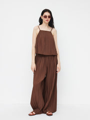 Mid Rise Elastic Waist Pleated Wide Leg Trousers