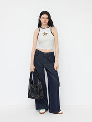 Cotton-blend Leopard Star Graphic Contrasting Binding Tank Top