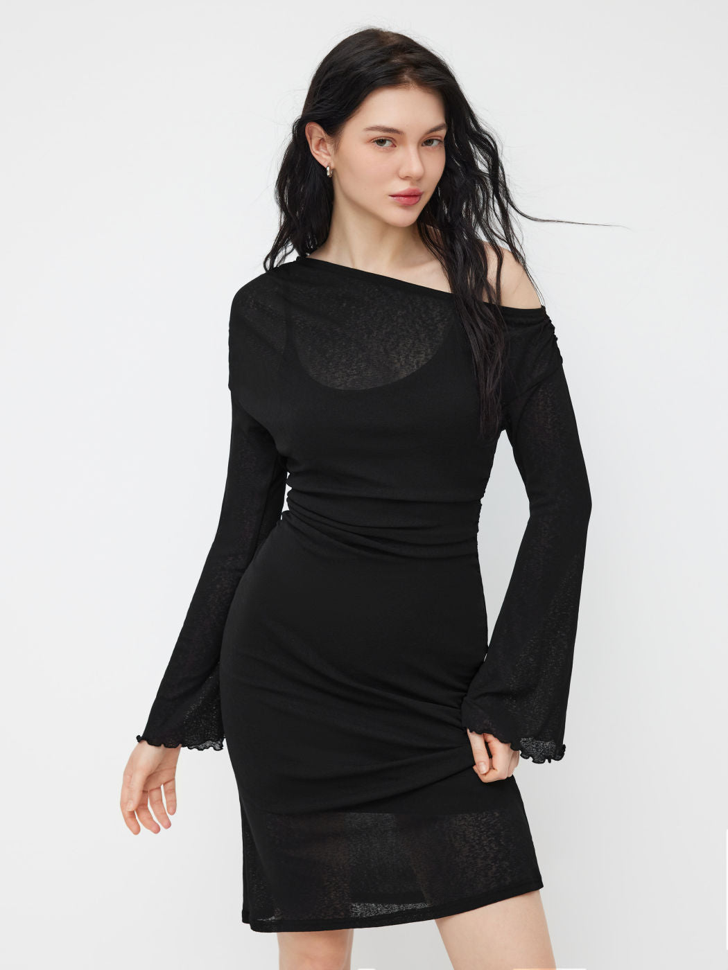 Two Pieces Asymmetrical Neck Lettuce Trim Bell Sleeve Maxi Dress With Cami Midi Dress