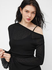 Two Pieces Asymmetrical Neck Lettuce Trim Bell Sleeve Maxi Dress With Cami Midi Dress