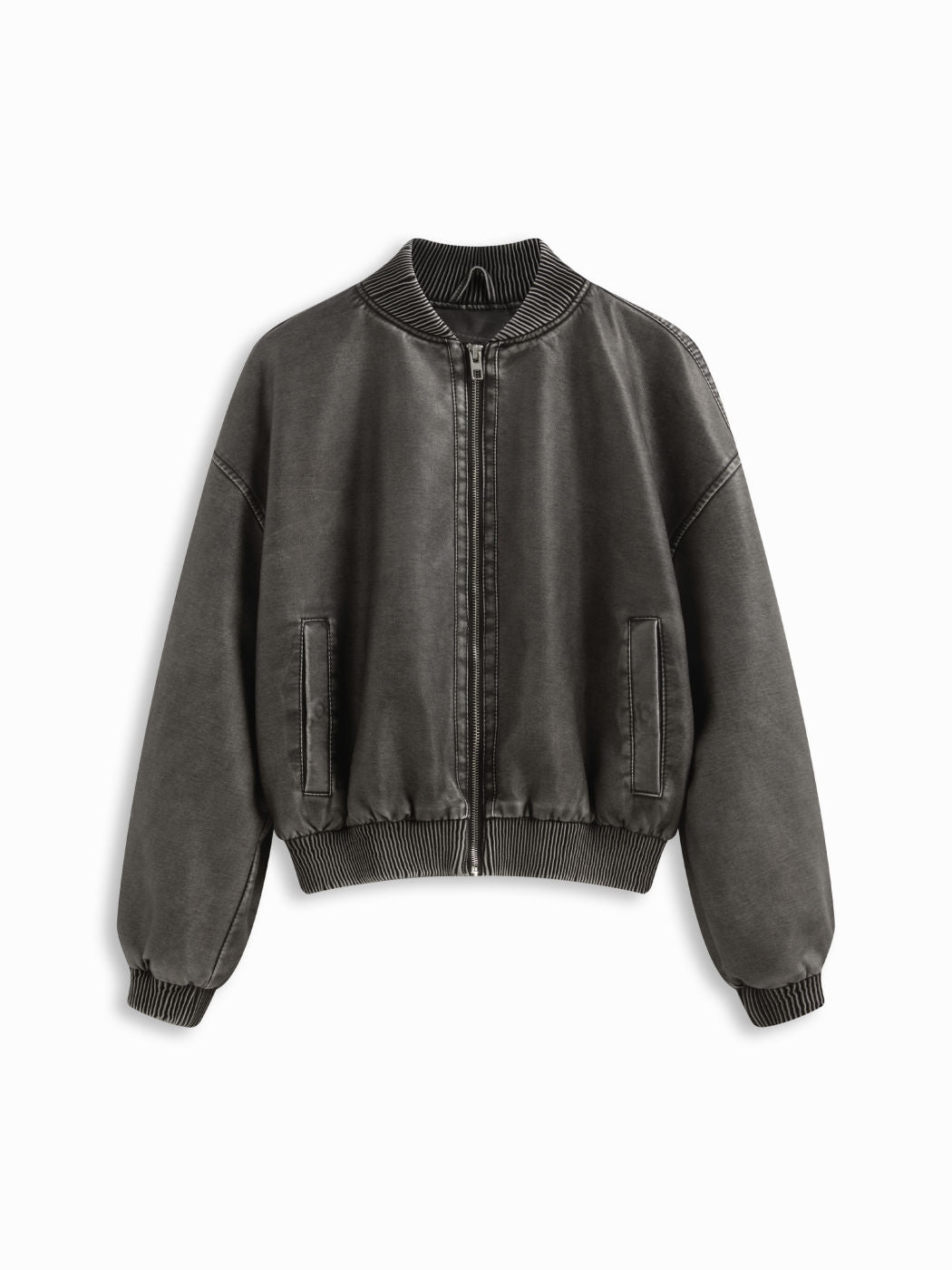 Faux Leather Stand Collar Zip Through Bomber Jacket
