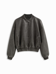 Faux Leather Stand Collar Zip Through Bomber Jacket