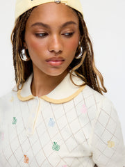 Knit Peter Pan Collar Snail Embroidery Pointelle Top