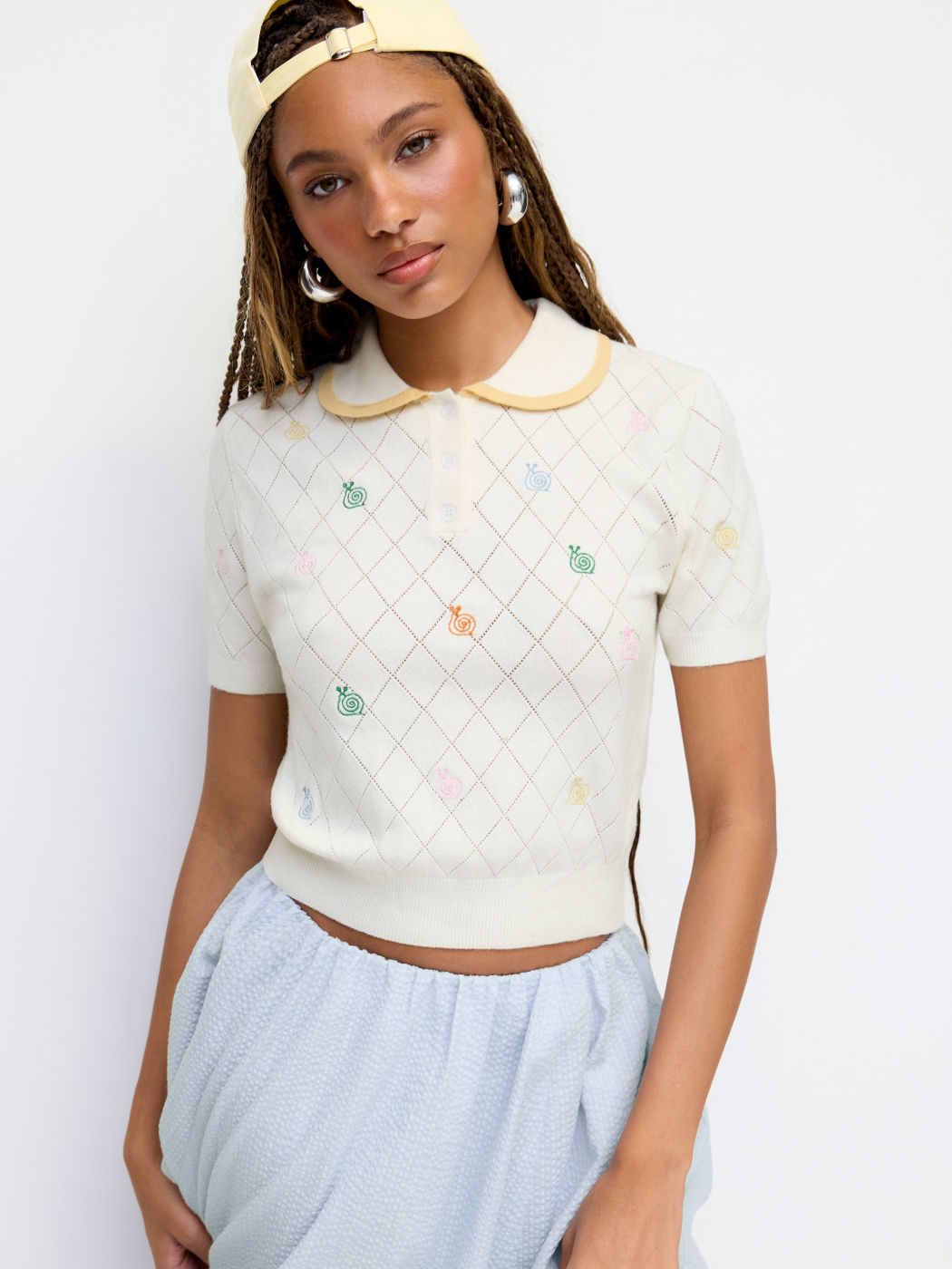 Knit Peter Pan Collar Snail Embroidery Pointelle Top