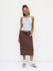 Terry Mid Rise Drawstring Split Midi Skirt