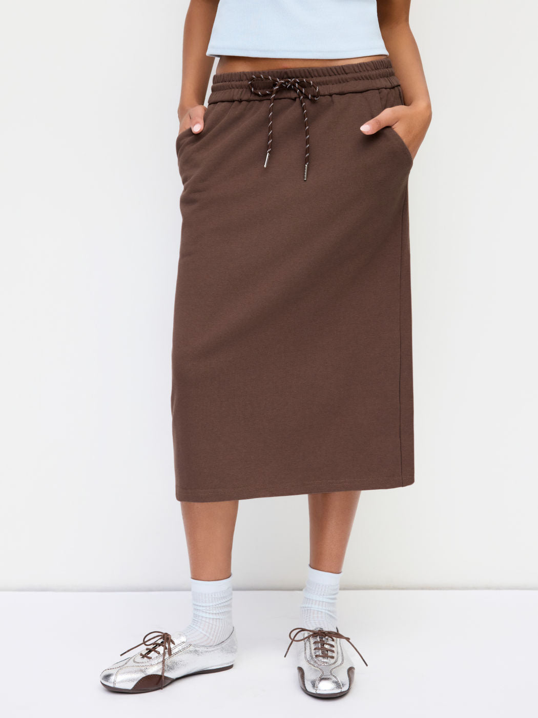 Terry Mid Rise Drawstring Split Midi Skirt
