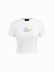 Cotton-blend Round Neckline Snail Graphic Short Sleeve Tee