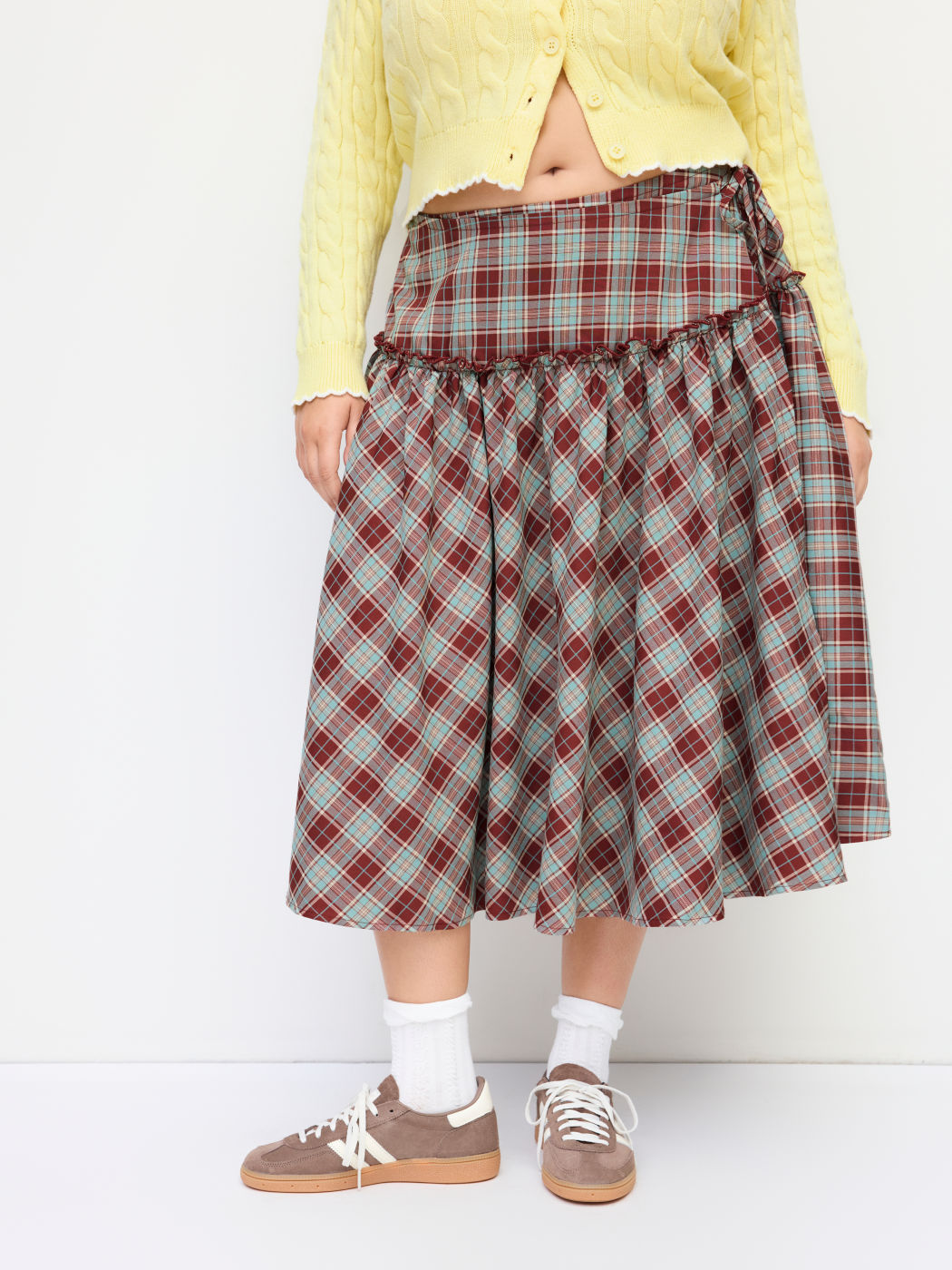 Mid Rise Tartan Lettuce Trim Knotted Midi Skirt Curve & Plus