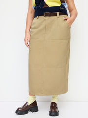 Cotton-blend Mid Rise Split Maxi Skirt With Belt Curve & Plus