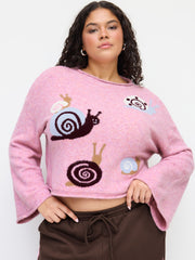 Knit Round Neckline Snail Bell Sleeve Oversized Top Curve & Plus