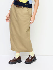 Cotton-blend Mid Rise Split Maxi Skirt With Belt Curve & Plus