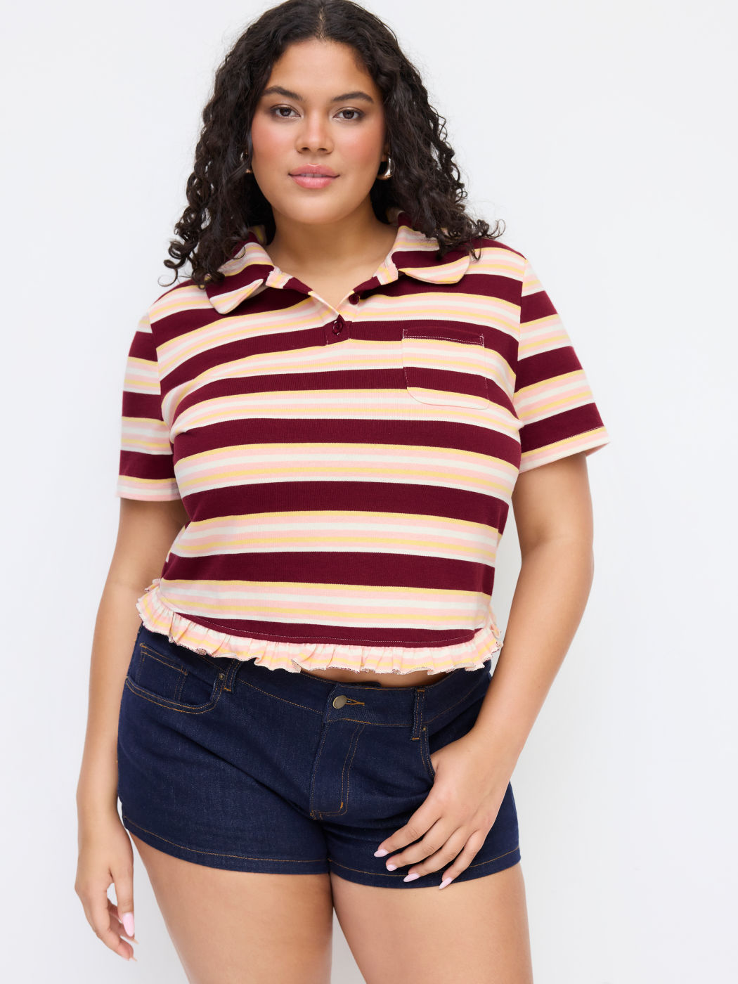 100% Cotton Peter Pan Collar Striped Lettuce Trim Short Sleeve Tee Curve & Plus