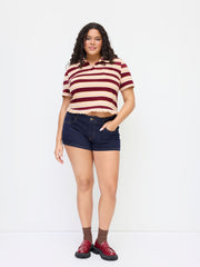 100% Cotton Peter Pan Collar Striped Lettuce Trim Short Sleeve Tee Curve & Plus