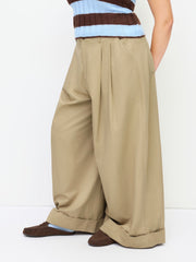 Cotton-blend Low Rise Pleated Roll Hem Wide Leg Trousers Curve & Plus