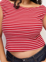 Cotton-blend Boat Neck Stripe Top Curve & Plus