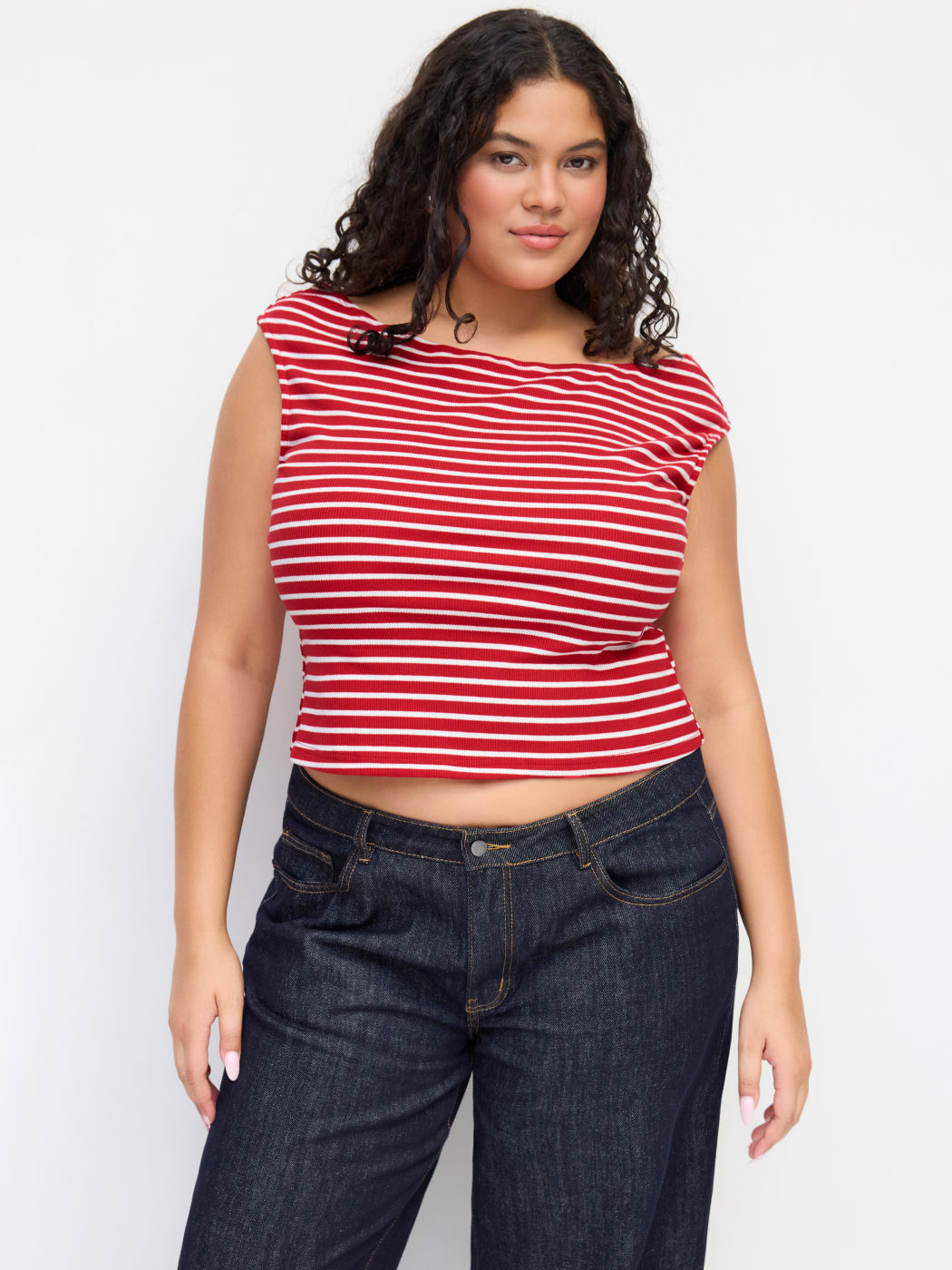 Cotton-blend Boat Neck Stripe Top Curve & Plus