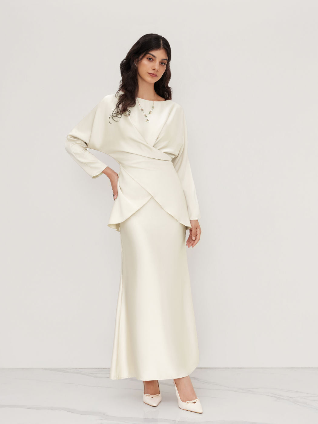 Satin Boat Neck Asymmetrical Hem Top & Maxi Skirt Set