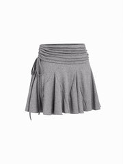 Mid Rise Ruched Drawstring Knotted Ruffle Mini Skort