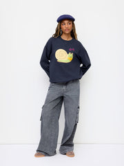 Terry Round Neckline Snail Applique Oversized Sweatshirt