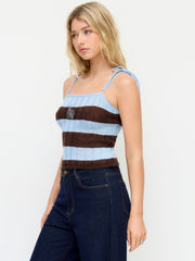 Knit Stripe Snail Embroidery Knotted Cami Top