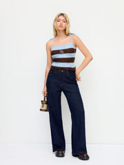 Knit Stripe Snail Embroidery Knotted Cami Top