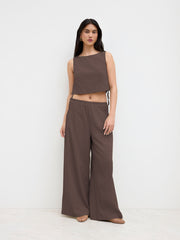 Cotton-blend Boat Neck Knotted Top With Shirred Straight Leg Trousers Set