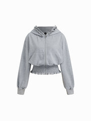 Lettuce Trim Shirred Zip Through Oversized Hoodie
