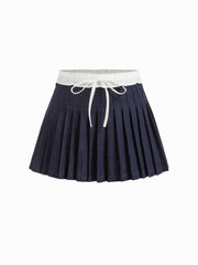 Denim Mid Rise Two Tone Bowknot Pleated Mini Skirt