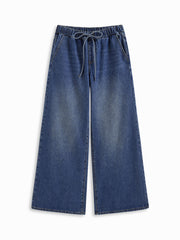 Denim Low Rise Elastic Waist Drawstring Wide Leg Jeans