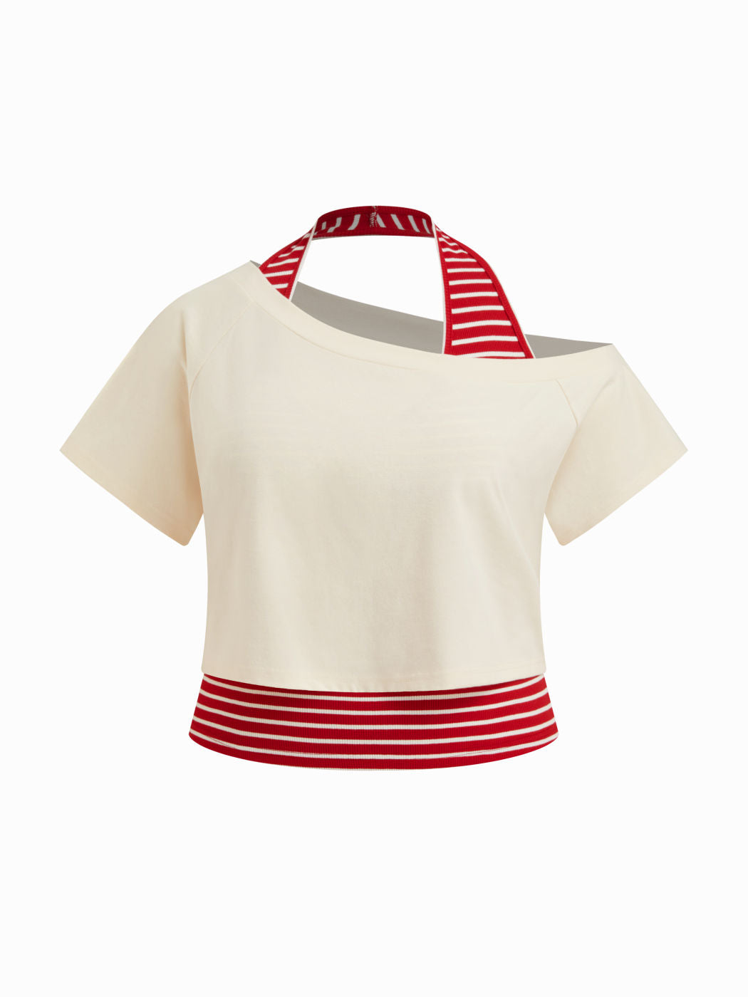 Cotton-blend Asymmetrical Neck Tee With Halter Neckline Stripe Top Curve & Plus