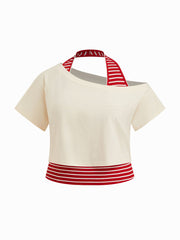 Cotton-blend Asymmetrical Neck Tee With Halter Neckline Stripe Top Curve & Plus