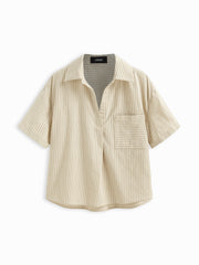 Cotton-blend Collar Stripe Short Sleeve Shirt
