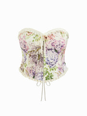 Cotton-blend Collarless Floral Lace Up Drawstring Top Curve & Plus