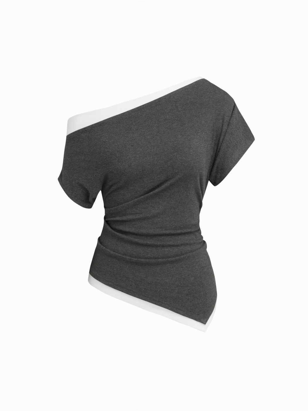 Asymmetrical Neck Two Tone Ruched Short Sleeve Top