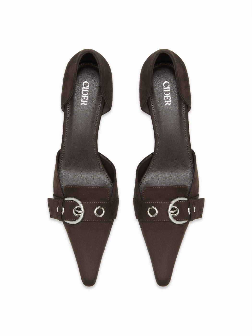 POINTED-TOE FAUX SUEDE BUCKLE HEELS