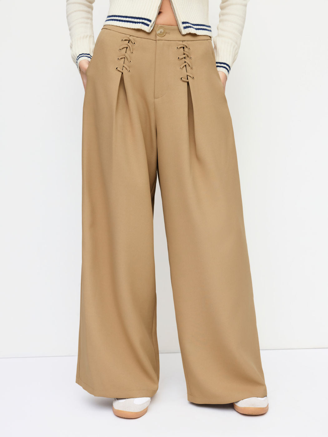 Wrinkle-free Fabric Mid Rise Elastic Waist Lace Up Wide Leg Trousers
