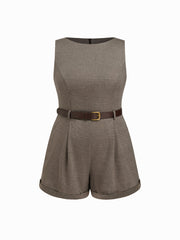 Boat Neck Houndstooth Romper With Belt Curve & Plus