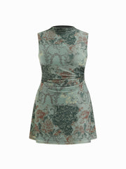 Mesh Stand Collar Floral Ruched Mini Dress Curve & Plus
