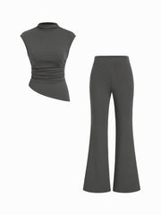 Cotton-blend High Neck Ruched Split Top & Mid Rise Flared Trousers Set