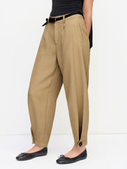 Wrinkle-free Fabric Mid Rise Barrel-leg Trousers With Belt