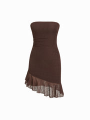 Lace Texture Ruched Ruffle Bandeau Mini Dress