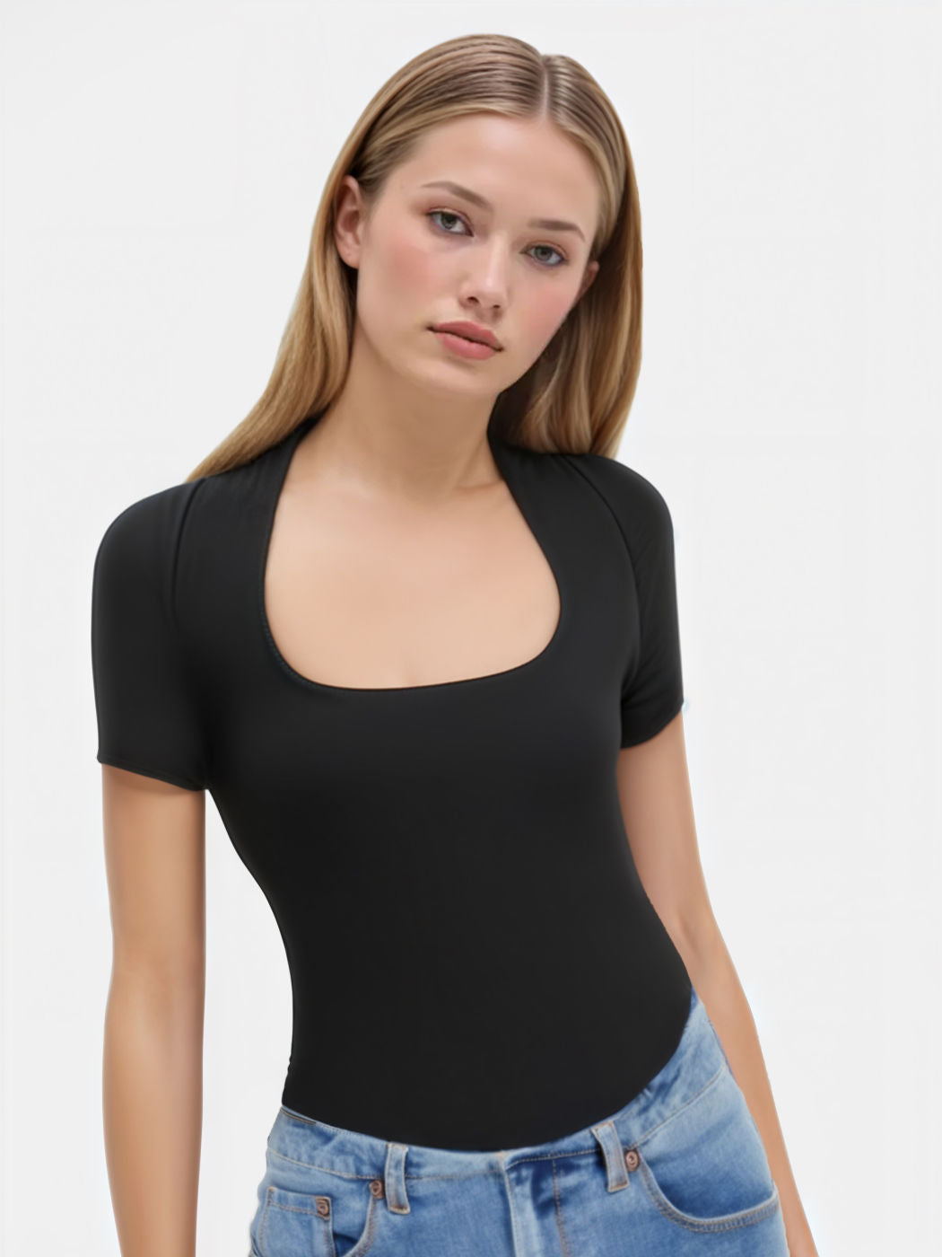 Square Neck Solid Short Sleeve Crop Top