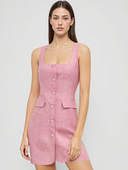 Tweed Square Neck Solid Button Pocket Mini Dress