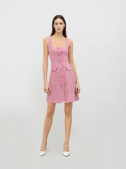 Tweed Square Neck Solid Button Pocket Mini Dress