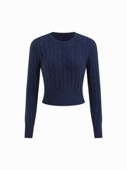 Knit Round Neckline Solid Texture Crop Long Sleeve Top
